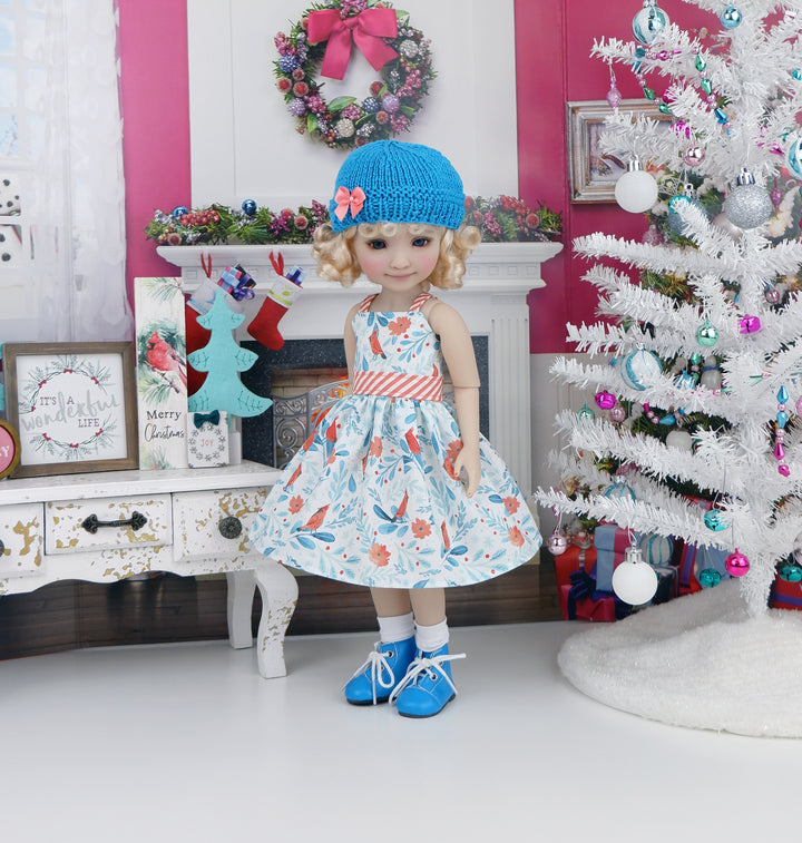 Watercolor Cardinals - dress and sweater set with boots for Ruby Red Fashion Friends doll