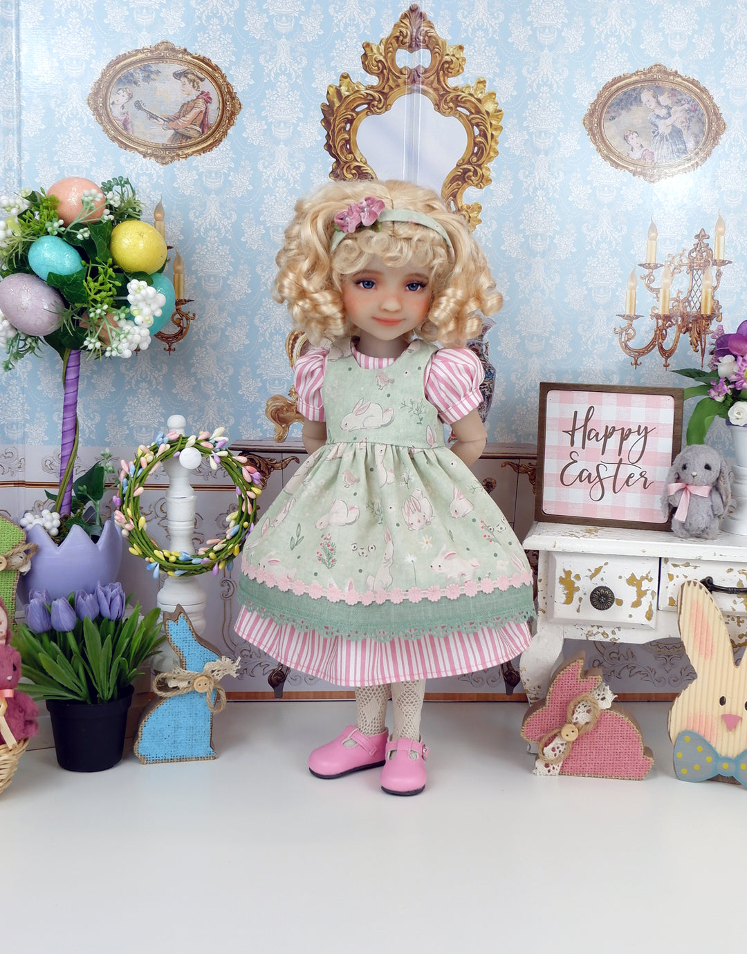 Wee Garden Bunny - dress & pinafore with shoes for Ruby Red Fashion Friends doll