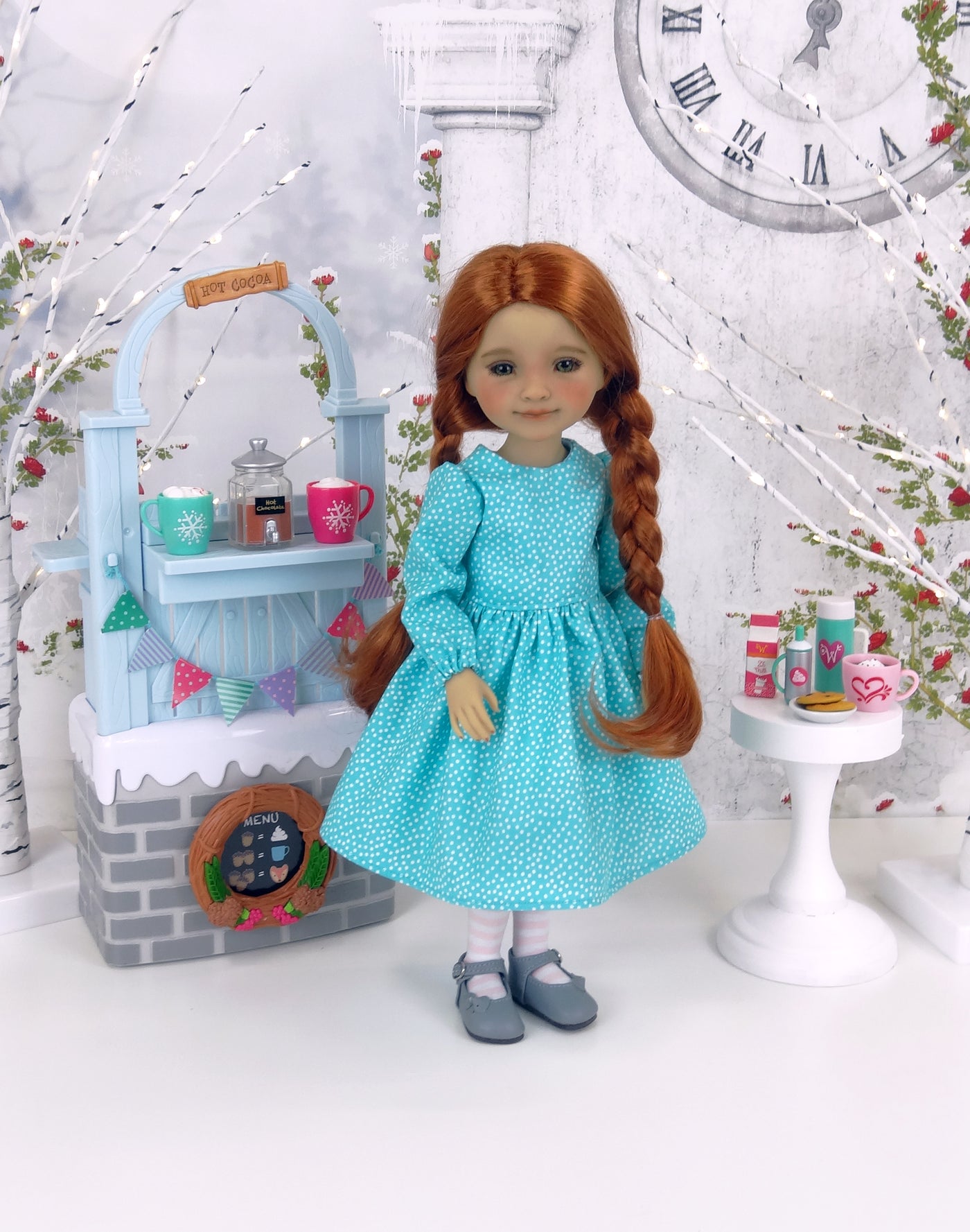 Wintertime Birds - dress & apron with shoes for Ruby Red Fashion Friends doll